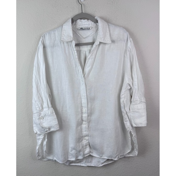 Zara Tops - ZARA 100% Linen Button Up Shirt Womens XL Oversized Relaxed White Beach Coastal